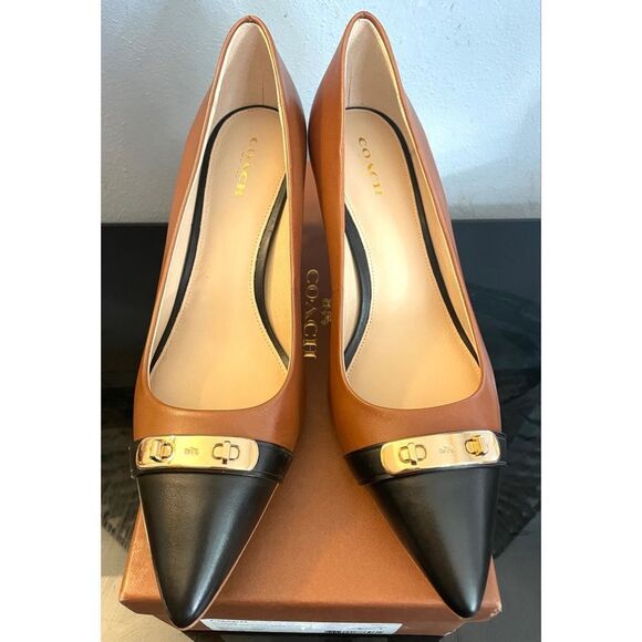 NWOB Coach “Gloria” Pumps Chestnut Brown Black Pointed Toe Women’s Shoes SZ 9 M - Picture 1 of 11